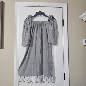 She + Sky Gray Striped Off-Shoulder Dress with White Lace Hem